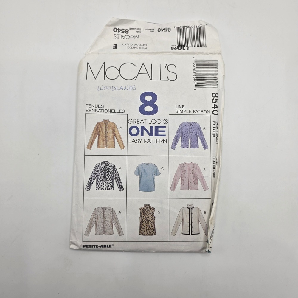 McCall's 8540 Sewing Pattern Jacket Top 8 Looks XL 20-22 90s Petite-Able Vintage